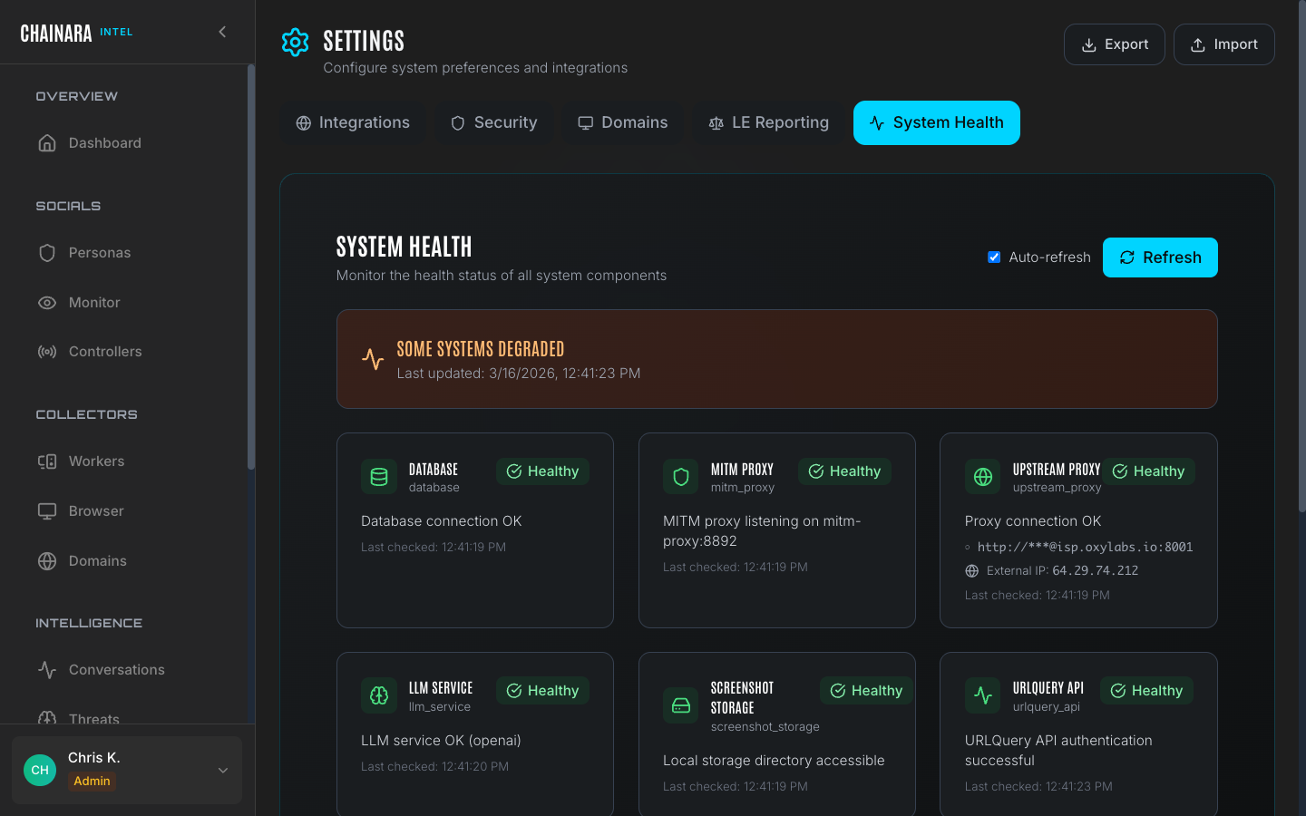 Settings: System health