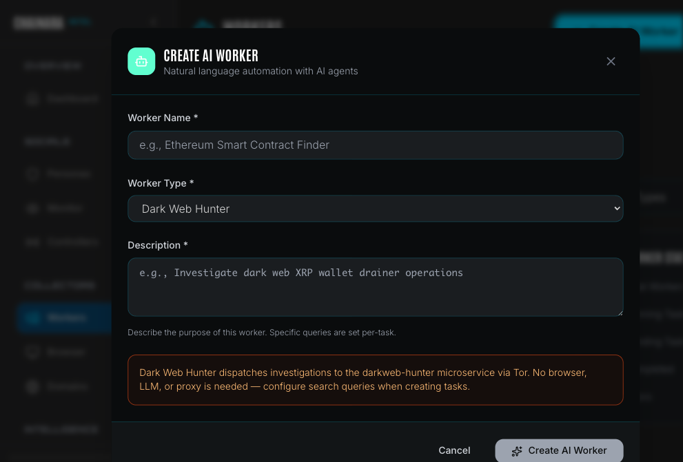 Dark Web Hunter worker type selected